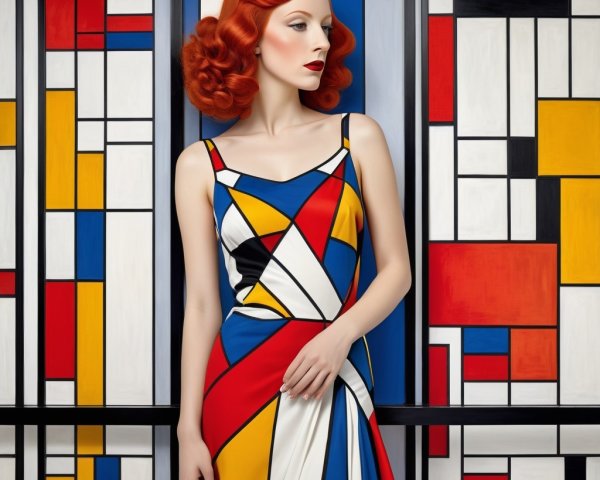 Elegant Woman in Colorful Dress Against Abstract Art