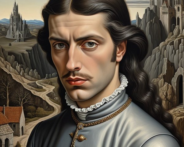 Young Man in Elegant Outfit Against Dramatic Landscape