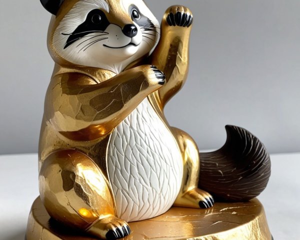 Golden Raccoon Sculpture with Textured Base Details
