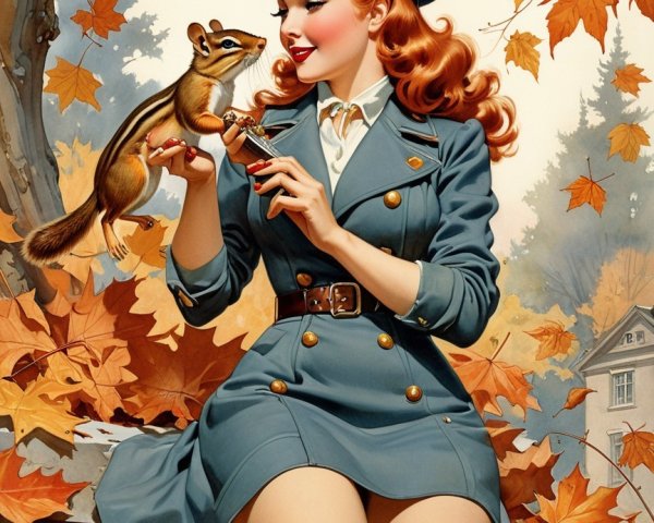 Vintage Woman in Blue Uniform Surrounded by Autumn Leaves