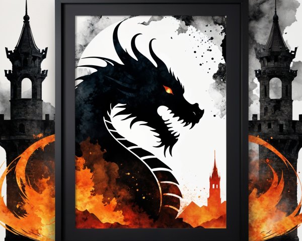Dragon Silhouette with Medieval Towers in Fiery Scene