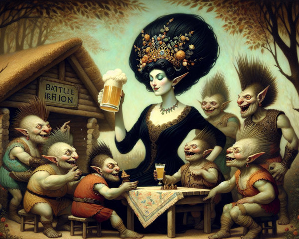 Whimsical Forest Scene with Elegant Woman and Goblins