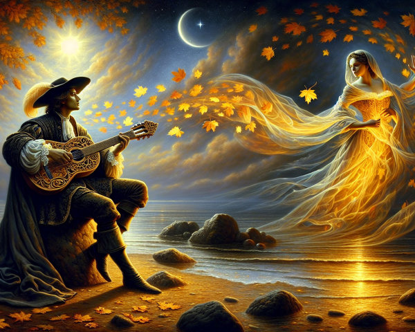 Musician on Rocky Shore with Ethereal Figure and Leaves