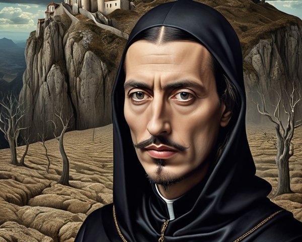 Solemn Figure in Cloak Against Dramatic Landscape