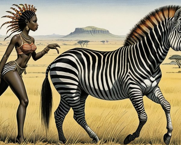 Golden Savanna Scene with Tribal Woman and Zebra