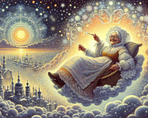 Cheerful Grandmother Knitting on a Cloud with Stars