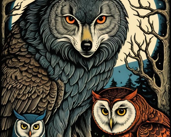 Majestic wolf and owls under a full moon illustration