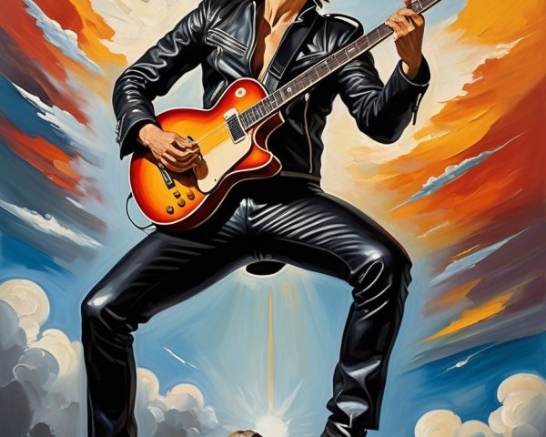 Guitarist Playing on Rocky Peak with Vibrant Clouds