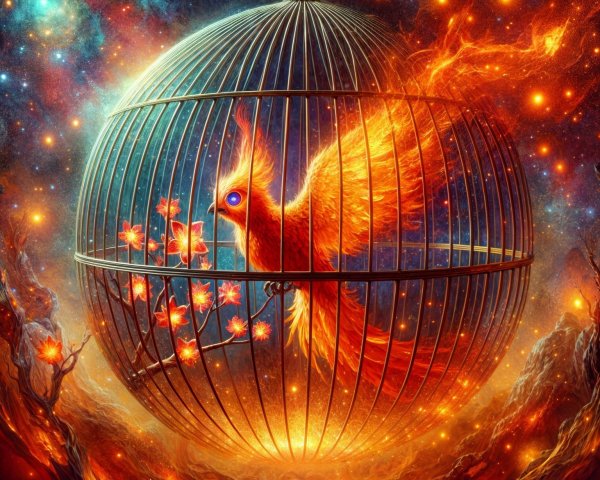 Phoenix in Flames Within a Metallic Cage in Cosmic Scene
