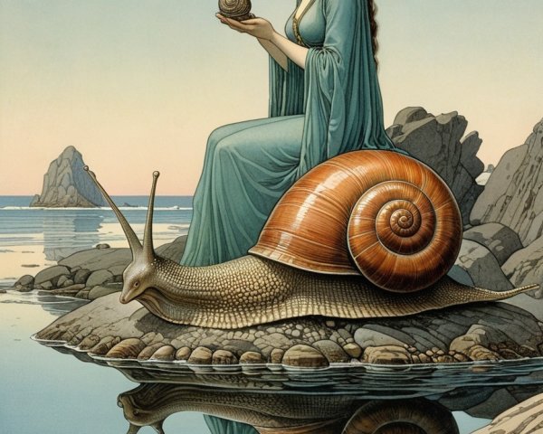 Woman in Teal Dress Sitting on Snail by Water's Edge