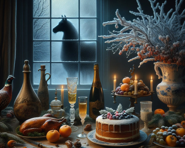 Cozy Festive Table Setting with Wintery Backdrop