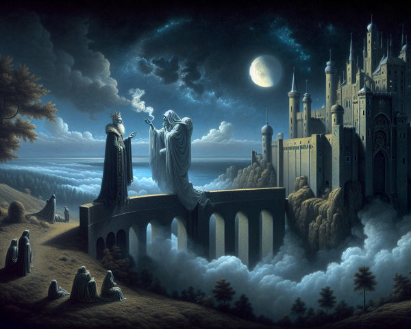 Ghostly Figure on Bridge with Castle and Hooded Figures