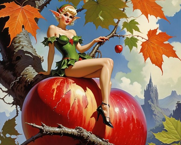 Fairy-like Woman on Giant Red Apple in Fantasy Setting