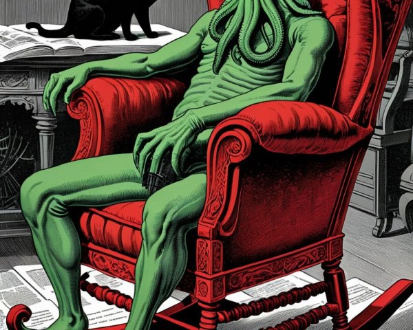 Surreal Scene with Tentacled Creature in Armchair