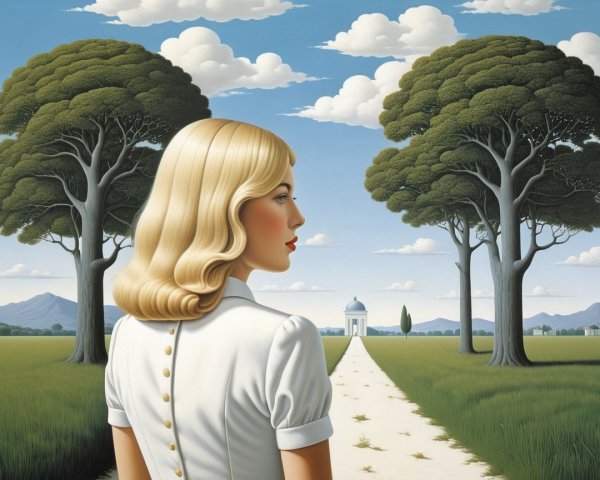 Young Woman Gazing at Distant White Building in Nature