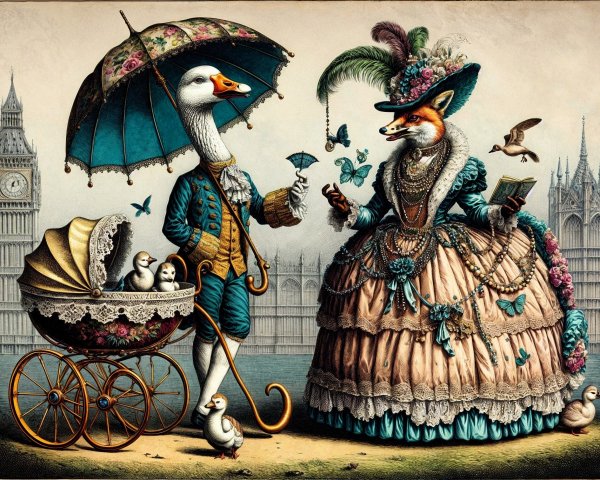 Whimsical Illustration of Goose and Fox at Big Ben