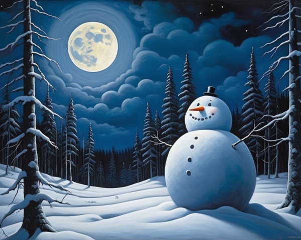 Winter Night Scene with Snowman and Pine Trees