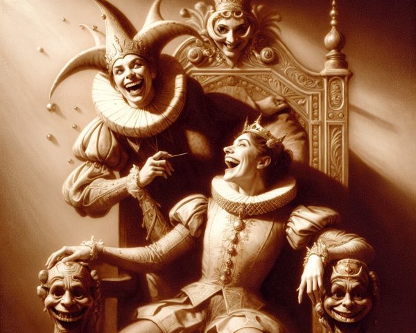Whimsical Scene of Jesters and Ornate Throne