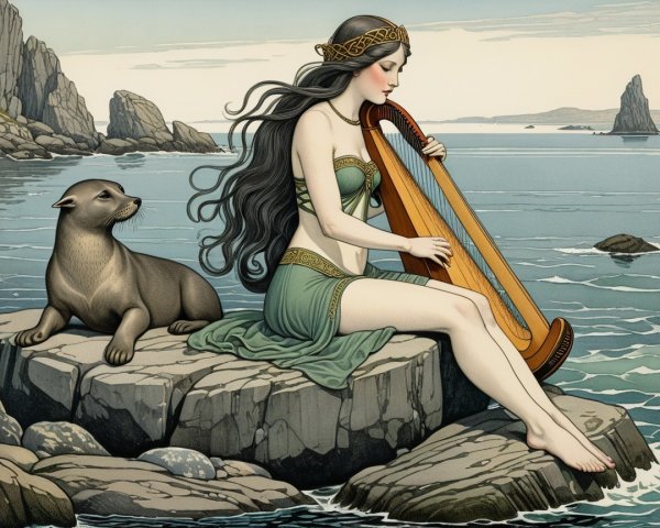 Serene Rocky Shore Scene with Harp and Sea Lion