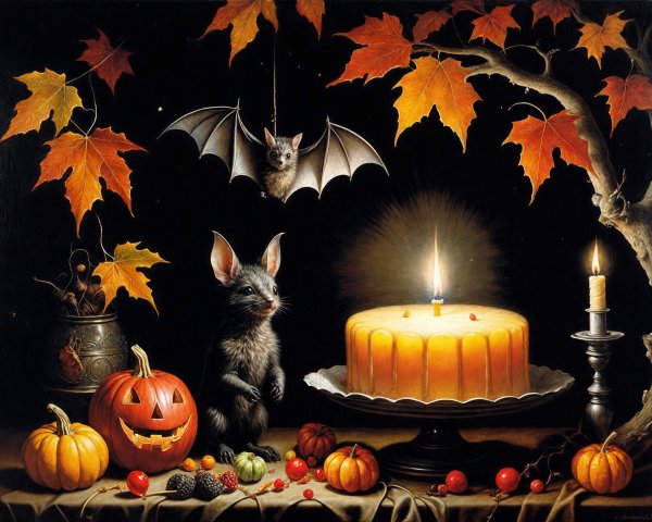 Whimsical Halloween Scene with Mouse and Pumpkin