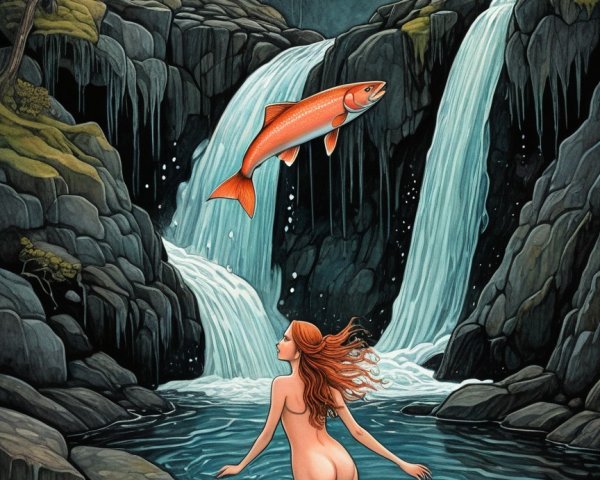 Woman with Red Hair in Tranquil Waterfall Scene