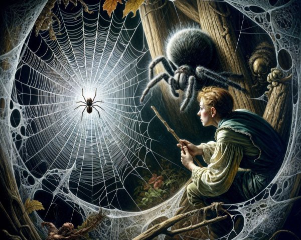 Mystical Forest Scene with Giant Spider and Web