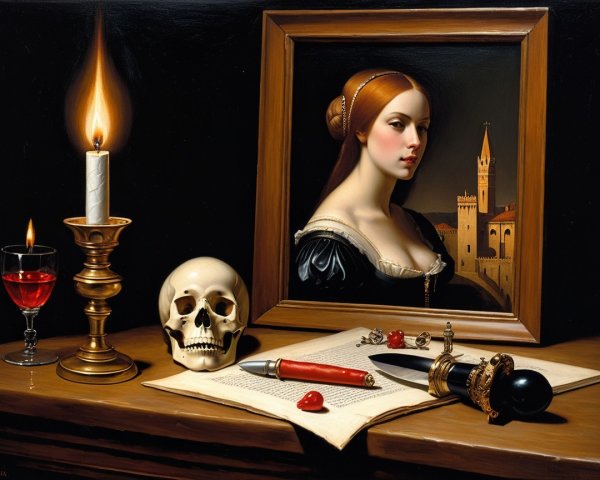 Classic Still Life with Candle, Skull, and Gem Elements