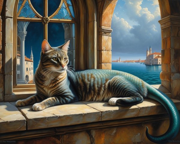 Tabby Cat on Windowsill Overlooking Waterfront Scene