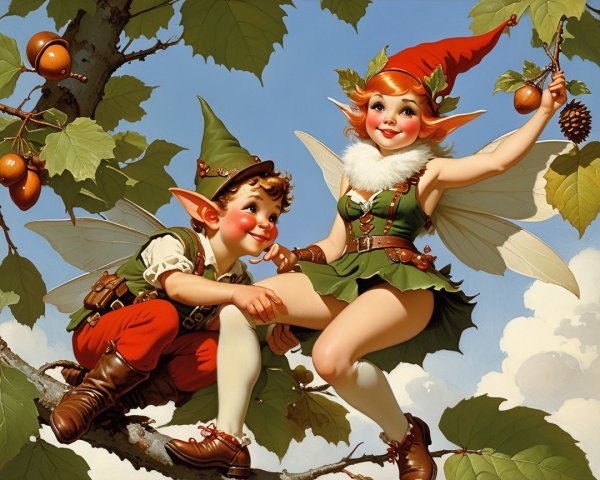 Playful Fairies on a Tree Branch in Enchanting Scene