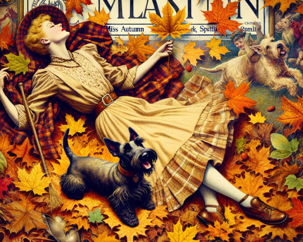 Vintage Illustration of Woman Among Autumn Leaves