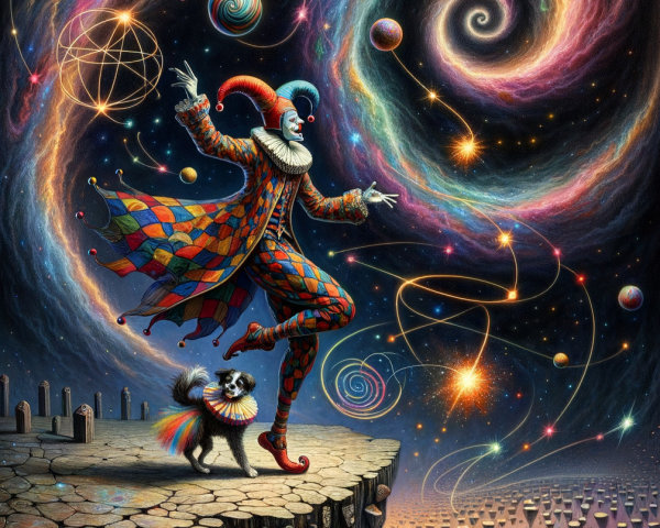 Whimsical Jester and Cat in Cosmic Landscape
