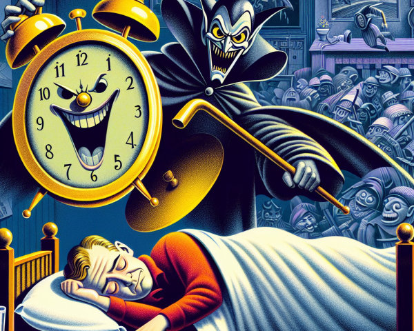 Sinister Figure with Alarm Clock in Dreamlike Scene