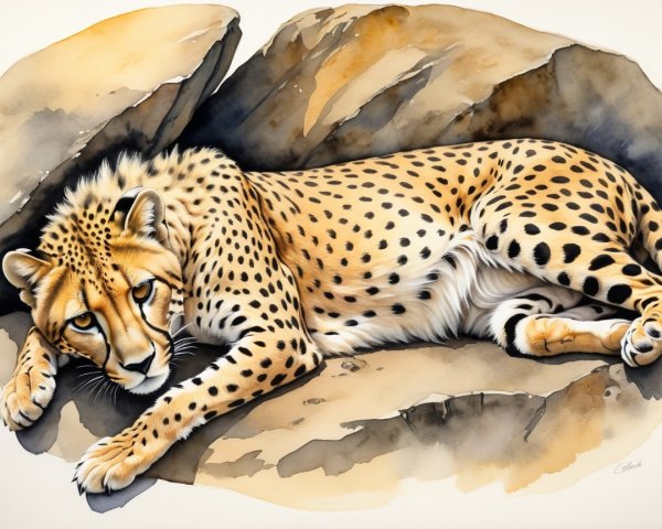 Watercolor Painting of a Resting Cheetah on Rocks