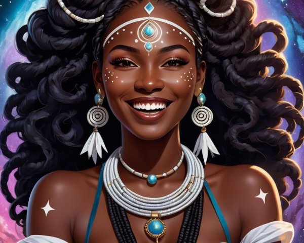 Radiant Young Woman with Curls and Cosmic Background