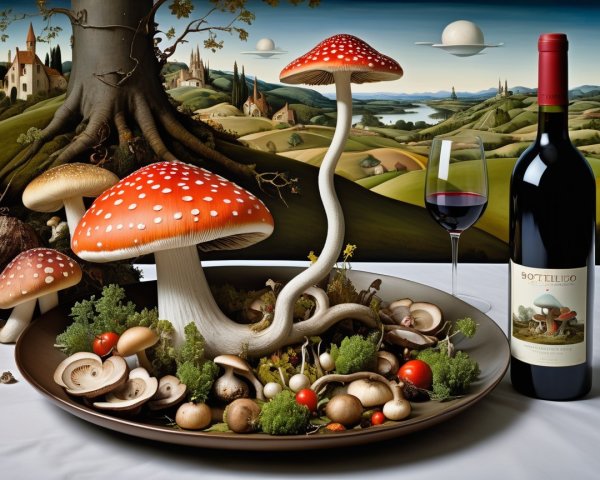 Oversized Mushrooms and Wine in Surreal Landscape