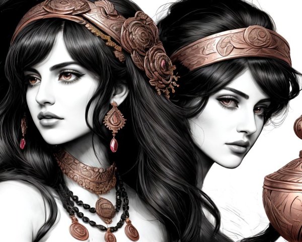 Elegant Women with Black Hair and Bronze Accessories