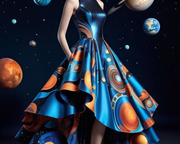 High-Low Gown with Cosmic Print and Dramatic Silhouette