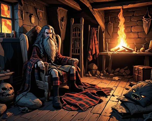 Old Man in Tartan Blanket by Fire in Rustic Room