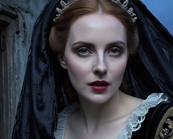 Portrait of a woman in a black gown with a crown