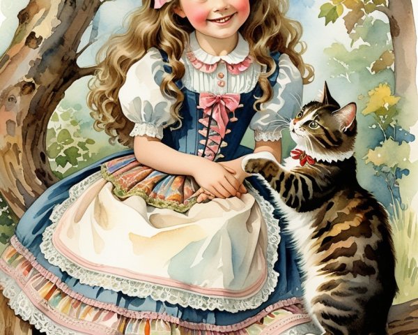 Illustration of a girl with a cat in a lush setting