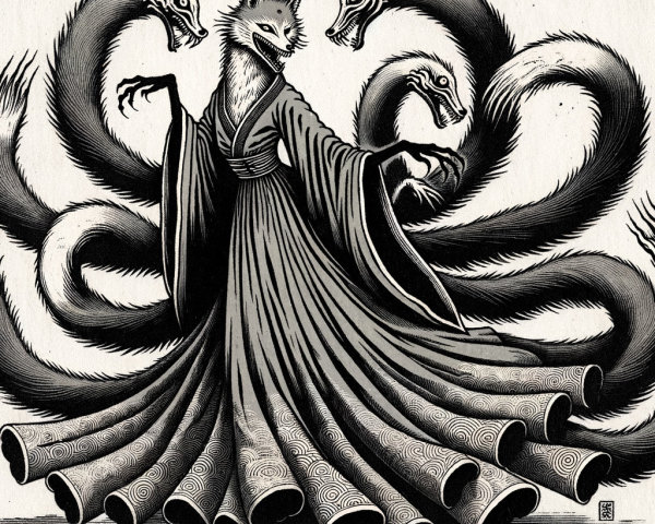 Mythical figure in patterned kimono with fox mask