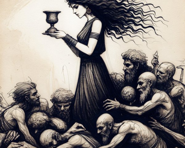 Mysterious Woman in Black Gown with Chalice and Figures