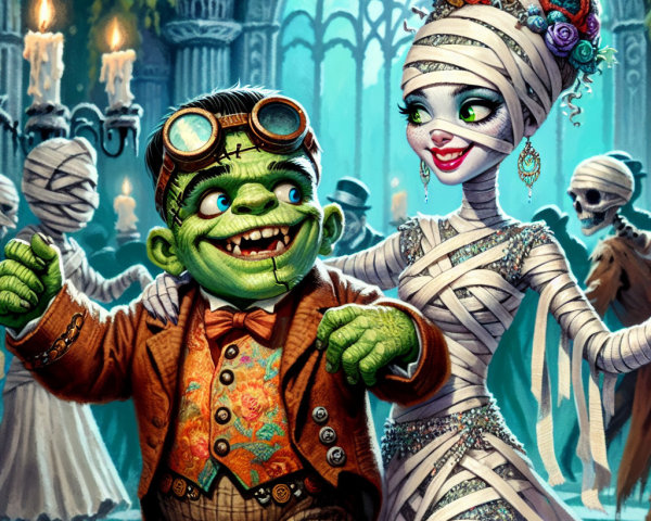 Whimsical Halloween Scene of Monster and Mummy Dancing