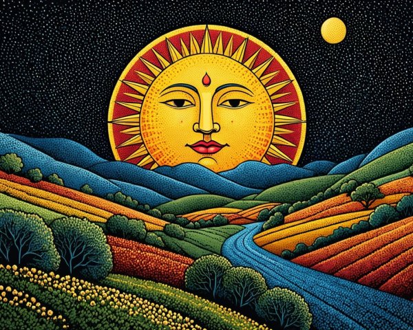 Vibrant Landscape with Sun, Moon, and Rolling Hills
