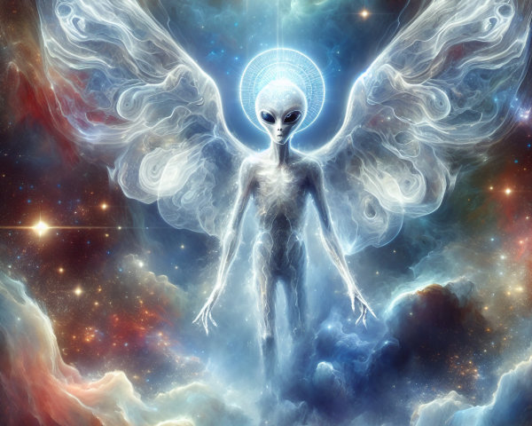 Celestial Being in Cosmic Nebula with Translucent Wings