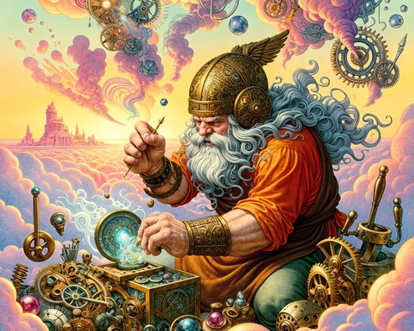 Powerful Figure in Steampunk Fantasy Landscape