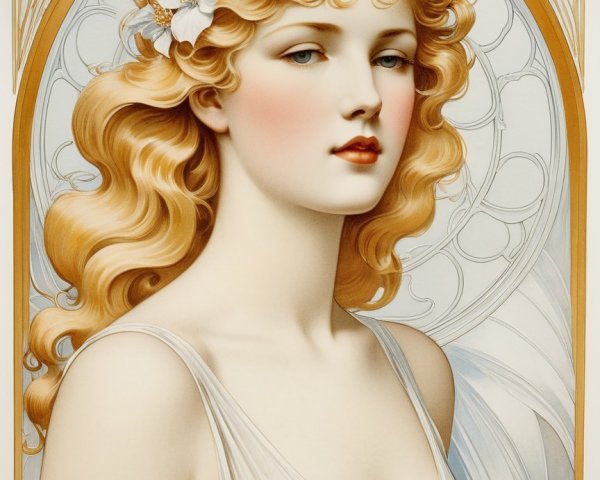 Art Nouveau Portrait of a Young Woman with Flowers