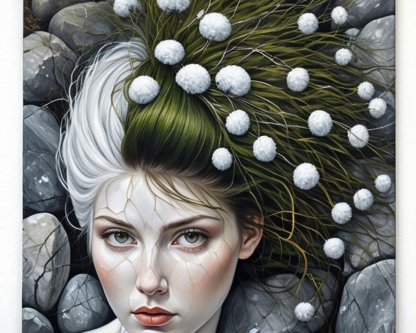 Portrait of a Young Woman with White and Green Hair