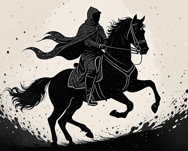Mysterious Cloaked Rider on a Black Horse in Motion