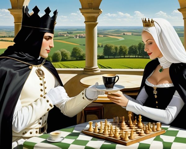Regal Couple at Elegant Table with Chessboard Setting